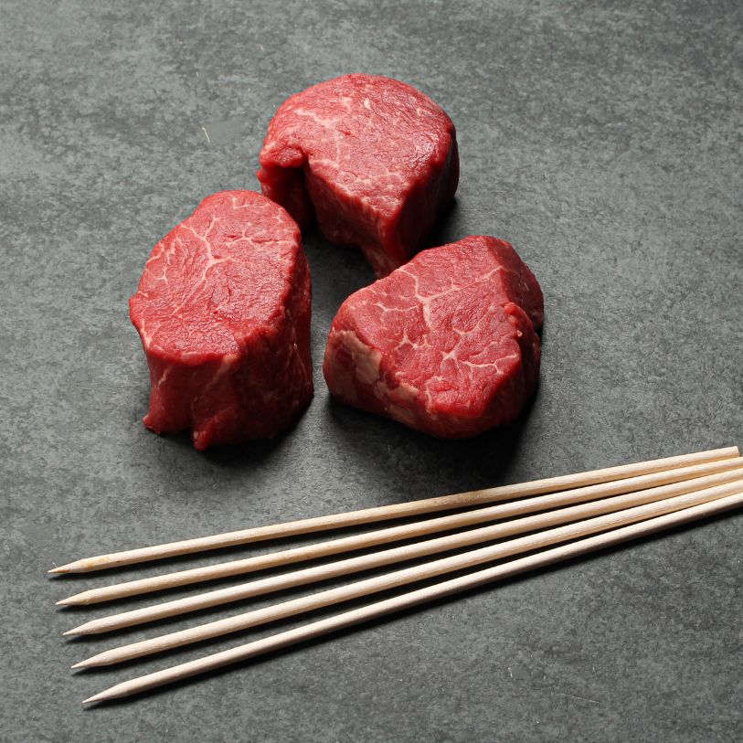 premium beef tenderloin brochettes with 10 x 3 oz pieces and 5 skewers. Tender, juicy, and grill-rea
