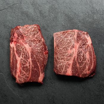 overhead view of two raw, heavily marbled chuck eye steaks