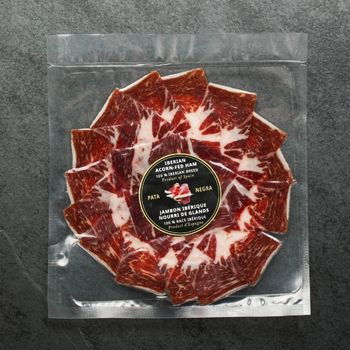 overhead view of a package of sliced Iberian ham