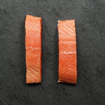overhead view of two raw salmon filets