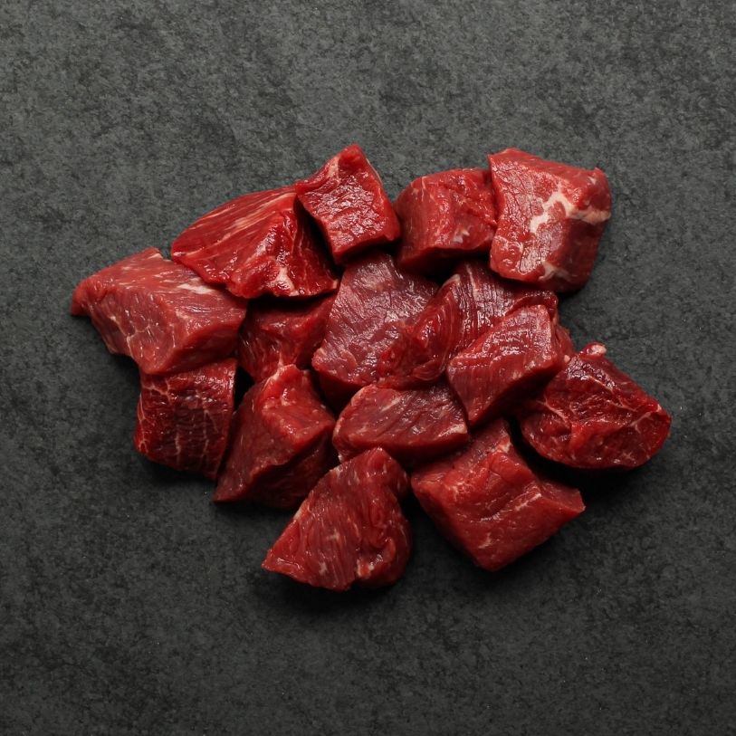 overhead view of a bunch of raw, 1 inch cubes of beef
