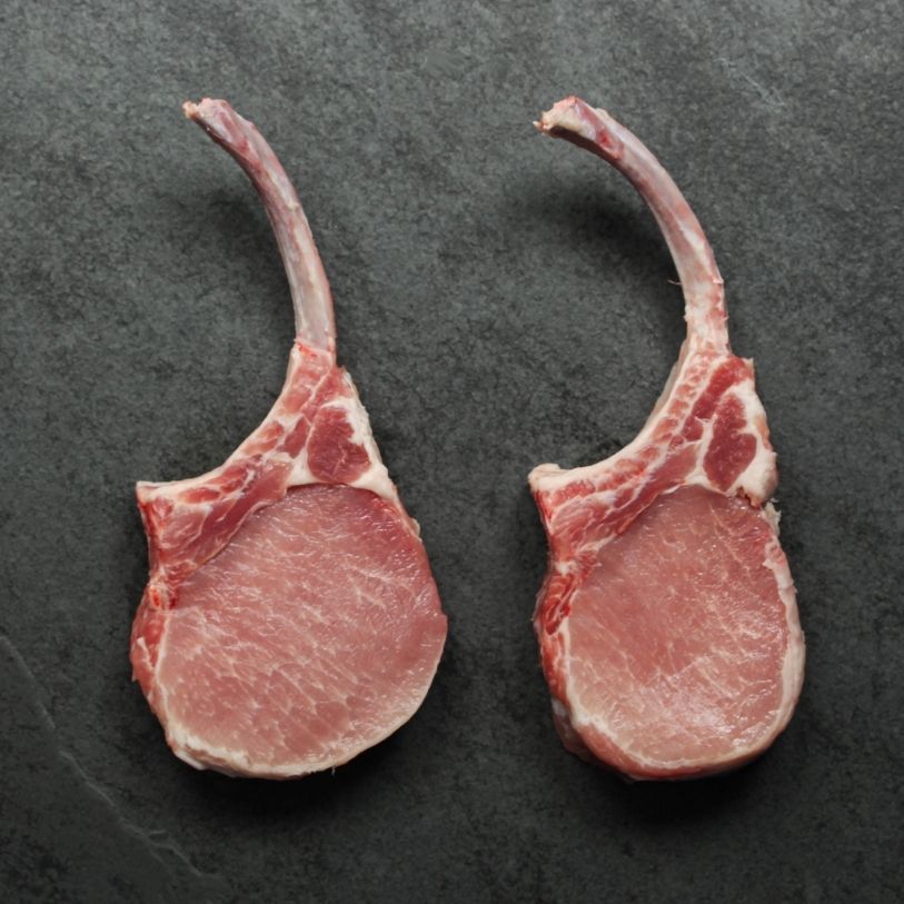 overhead view of two raw pork chop tomahawks with exposed frenched bones