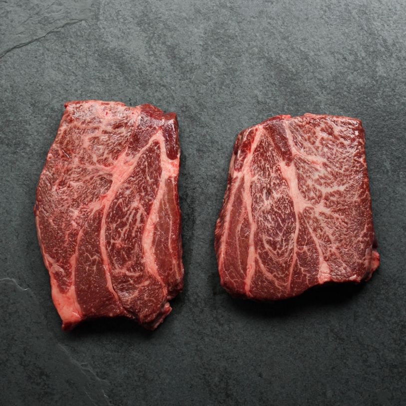 overhead view of two raw, heavily marbled chuck eye steaks
