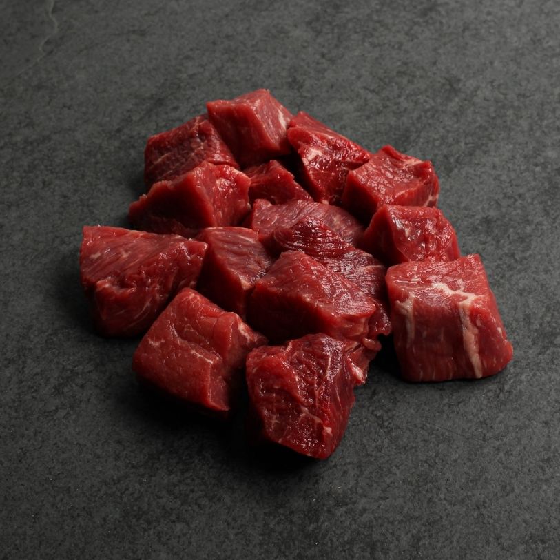 overhead view of a bunch of raw, 1 inch cubes of beef