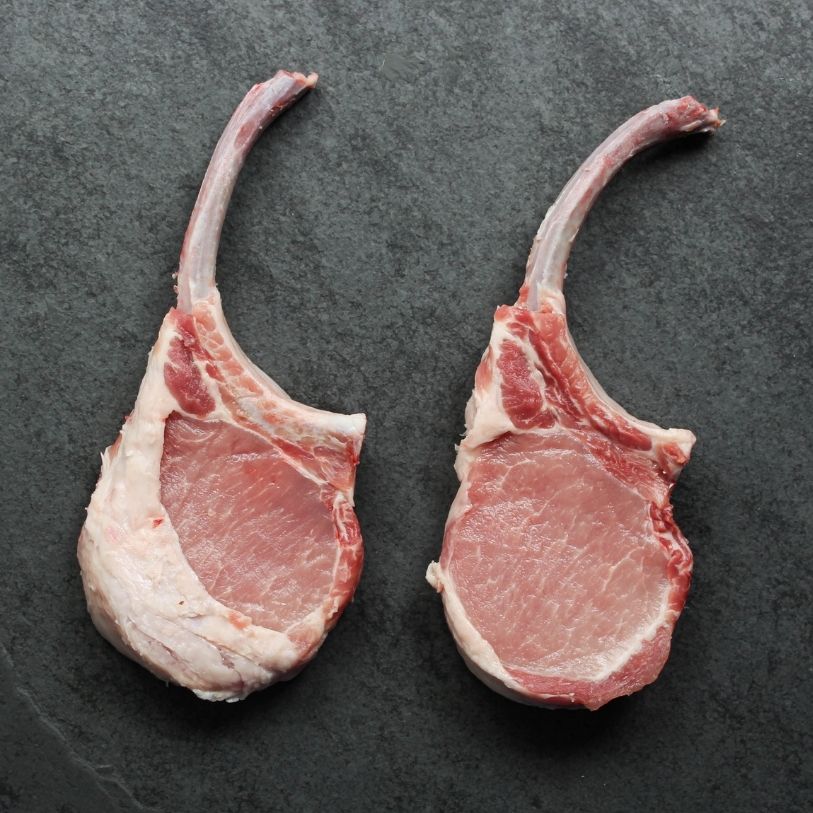 overhead view of two raw pork chop tomahawks with exposed frenched bones