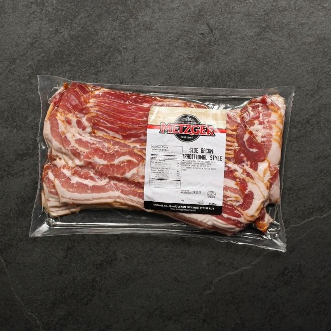 overhead view of raw, sliced bacon from Metzger's Meats  in vacuum package