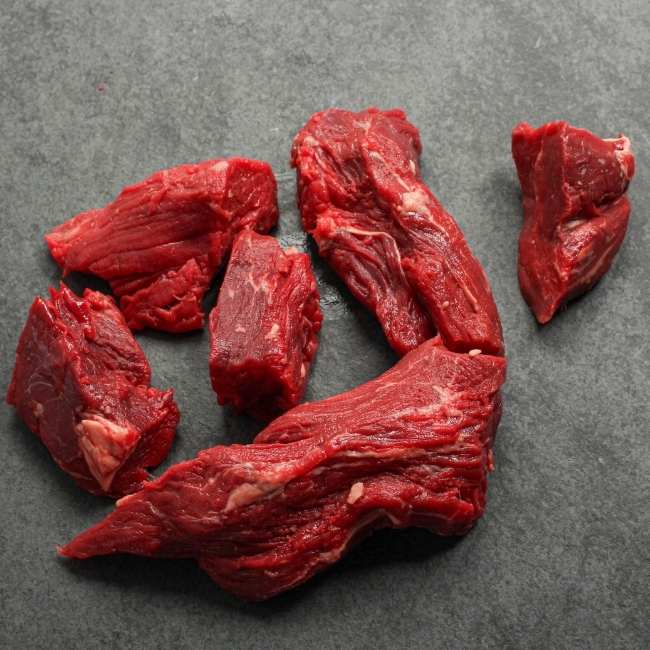 Close-up of beef tenderloin tips.