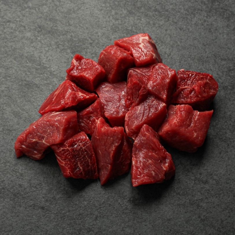 overhead view of a bunch of raw, 1 inch cubes of beef