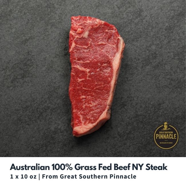 Overhead view of a raw Grass-fed New York Steak